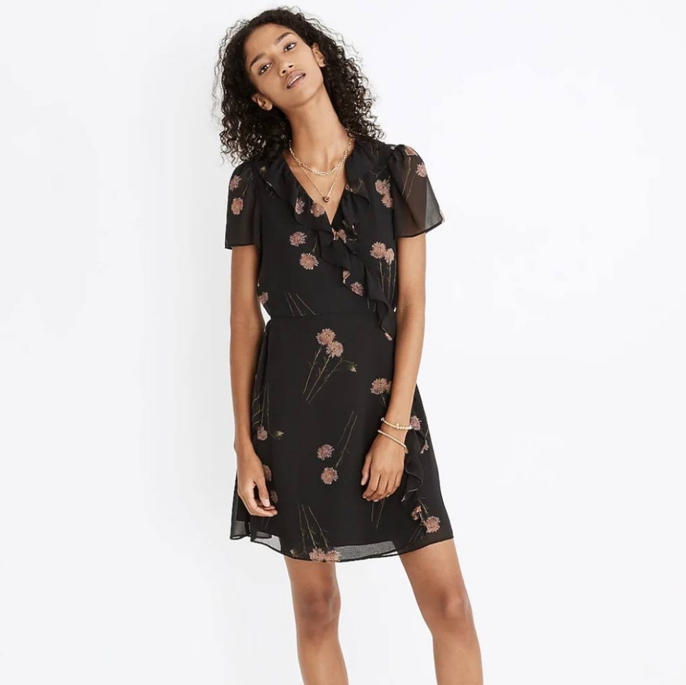 Madewell Georgette Ruffle-Wrap Mini Dress in Aster Portrait | pink black floral